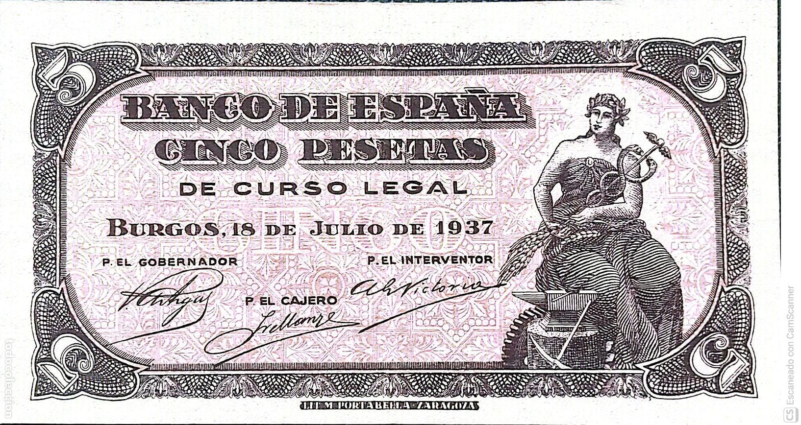 Billetes espa&ntilde;oles: Espa&ntilde;a. Billete de 5 Pesetas. De fecha: Burgos, 18 de Julio de 1937. Serie A n&ordm; 9,363,596, es el q