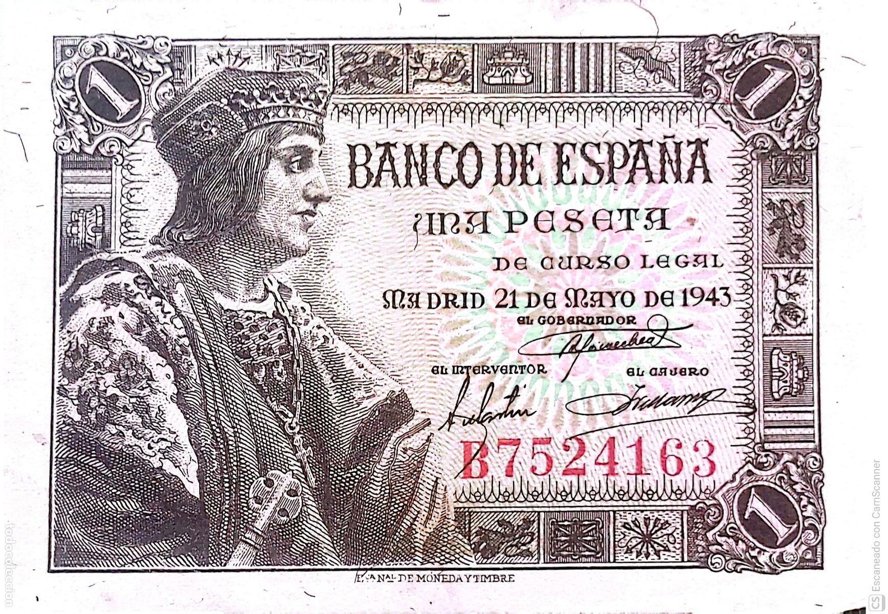Billetes espa&ntilde;oles: Espa&ntilde;a. Billete de 1 Peseta. De fecha: Madrid, 21 de Mayo de 1943. Serie B n&ordm; 7524163, es el que s