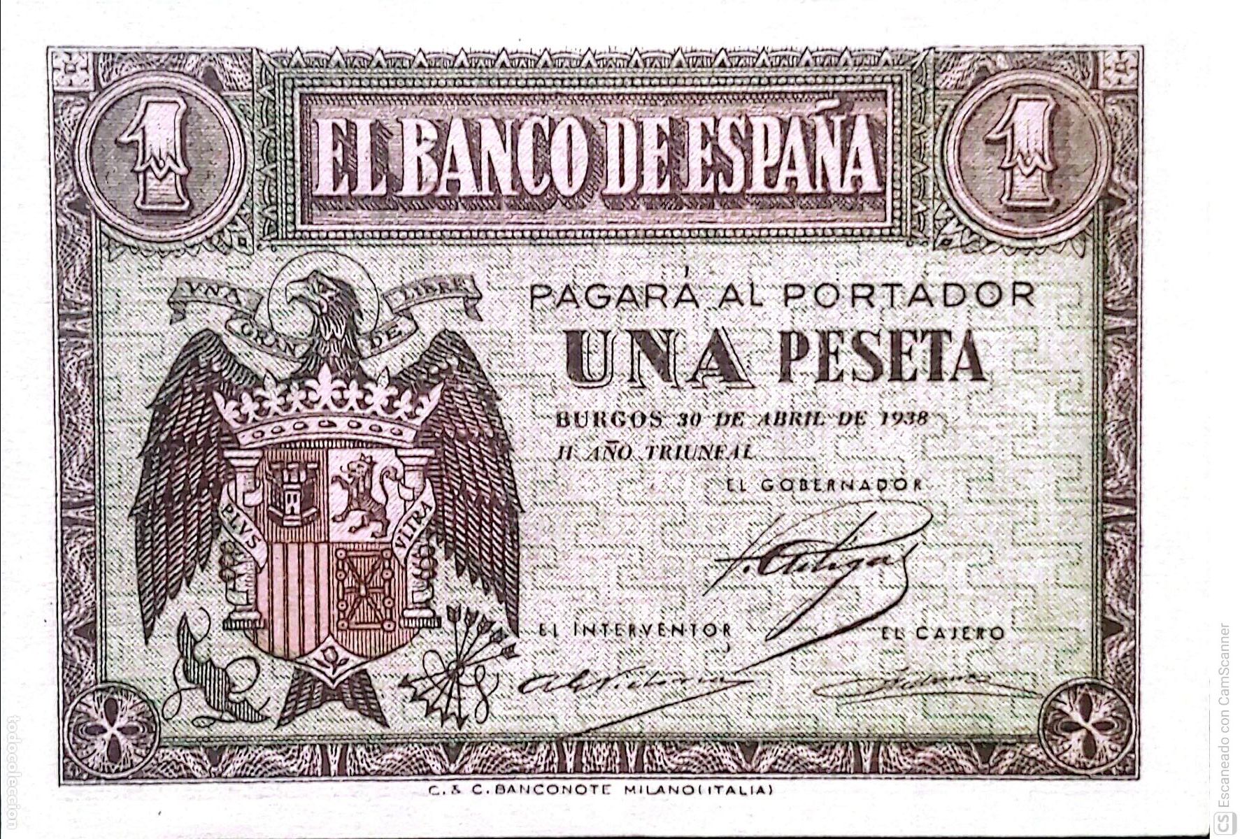 Billetes espa&ntilde;oles: Espa&ntilde;a. Billete de 1 Peseta. De fecha: Burgos, 30 de Abril de 1938. II A&ntilde;o Triunfal Serie I n&ordm; 040