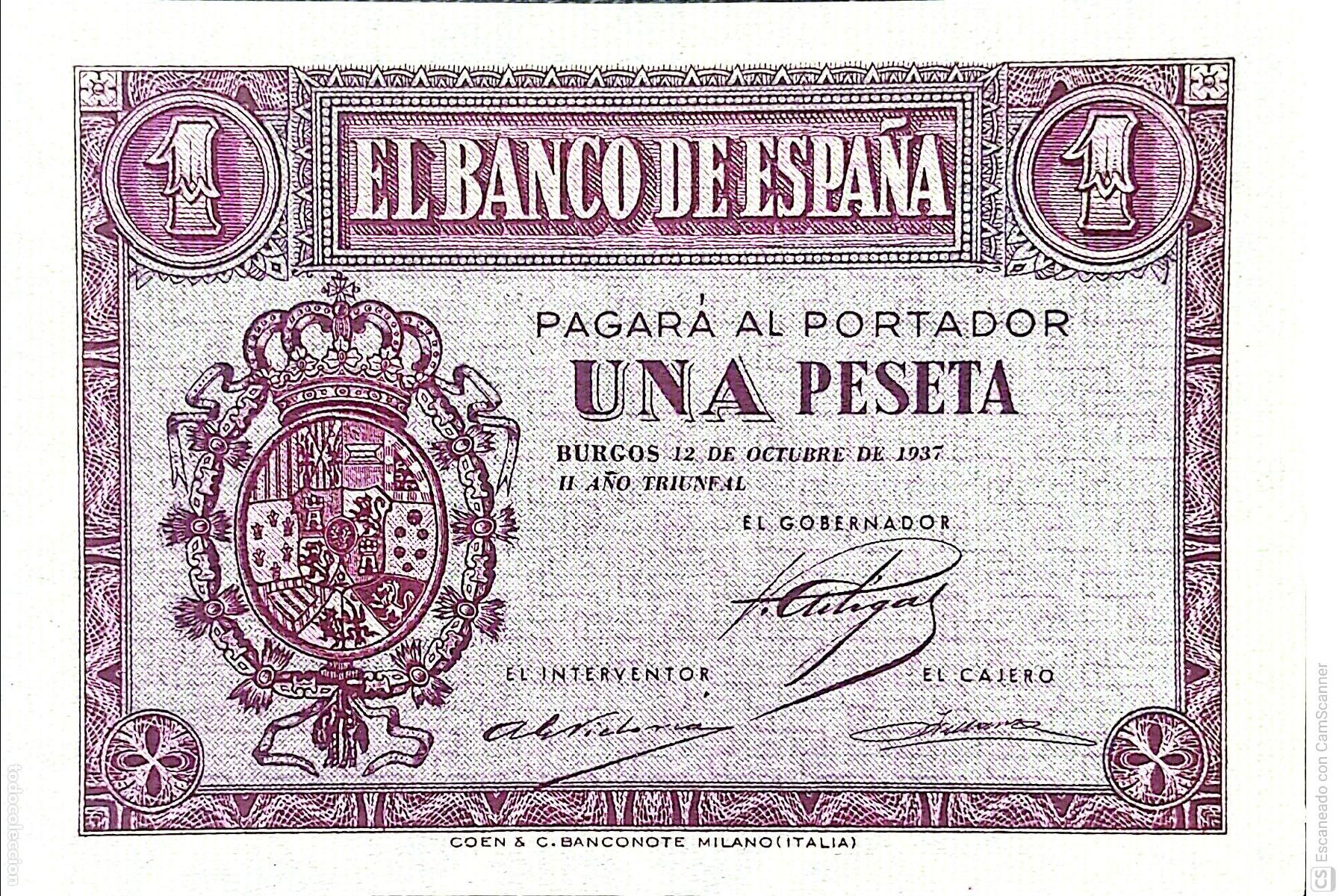 Billetes espa&ntilde;oles: Espa&ntilde;a. Billete de 1 Peseta. De fecha: Burgos, 12 de Octubre de 1937. II A&ntilde;o Triunfal Serie D n&ordm; 4