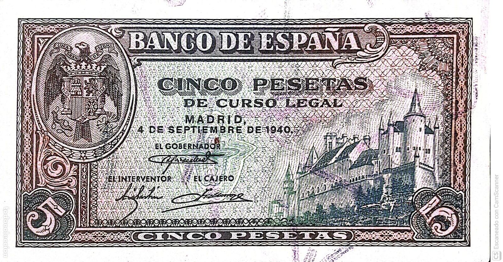 Billetes espa&ntilde;oles: Espa&ntilde;a. Billete de 5 Pesetas. De fecha: Madrid, 4 de Septiembre de 1940. Serie K n&ordm; 6769013, es el