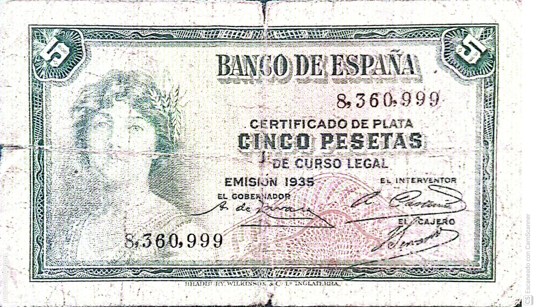 Billetes espa&ntilde;oles: Espa&ntilde;a. Certificado de Plata 5 Pesetas De fecha: Emisi&oacute;n 1935 Sin Serie n&ordm; 8,360,999, es el que