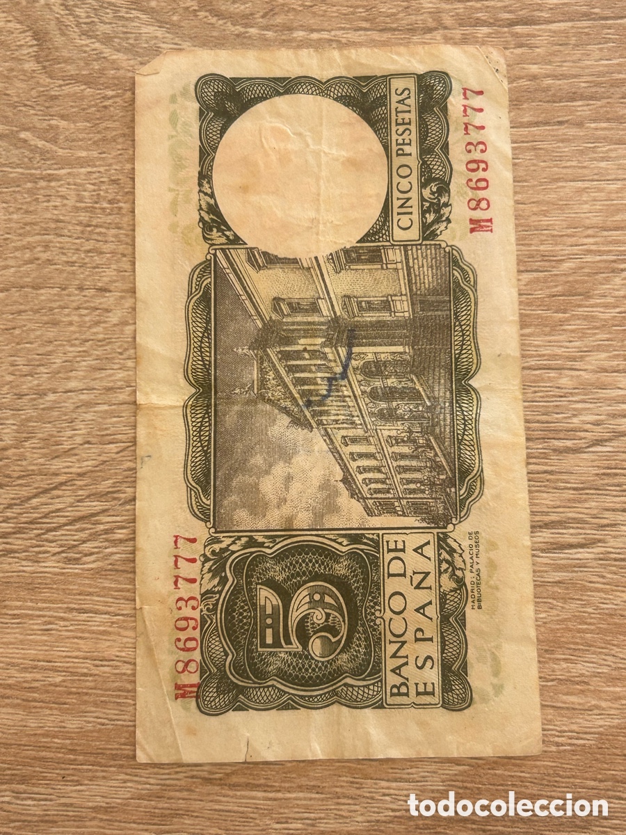 Billetes espa&ntilde;oles: Billete de 5 pesetas 1954 - Foto 2