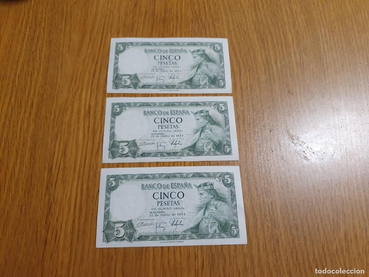 Billetes espa&ntilde;oles: Trio 5 pesetas 1954 - SC - CORRELATIVOS - 3 billetes