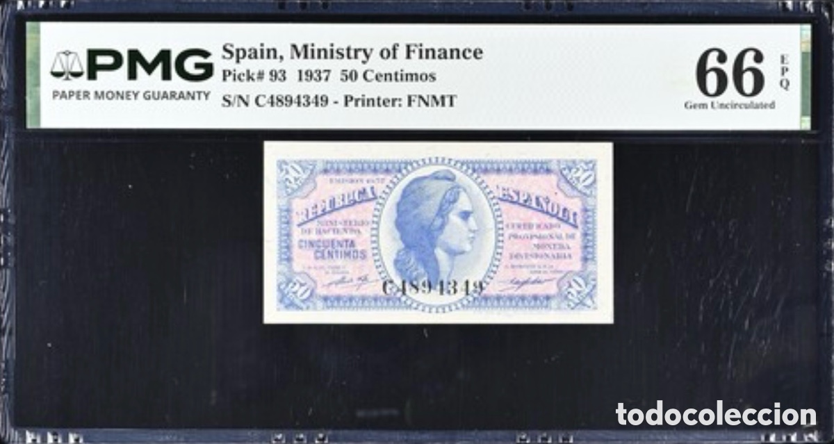 Billetes espa&ntilde;oles: Billete 50 C&eacute;ntimos 1937 PMG 66 Serie C