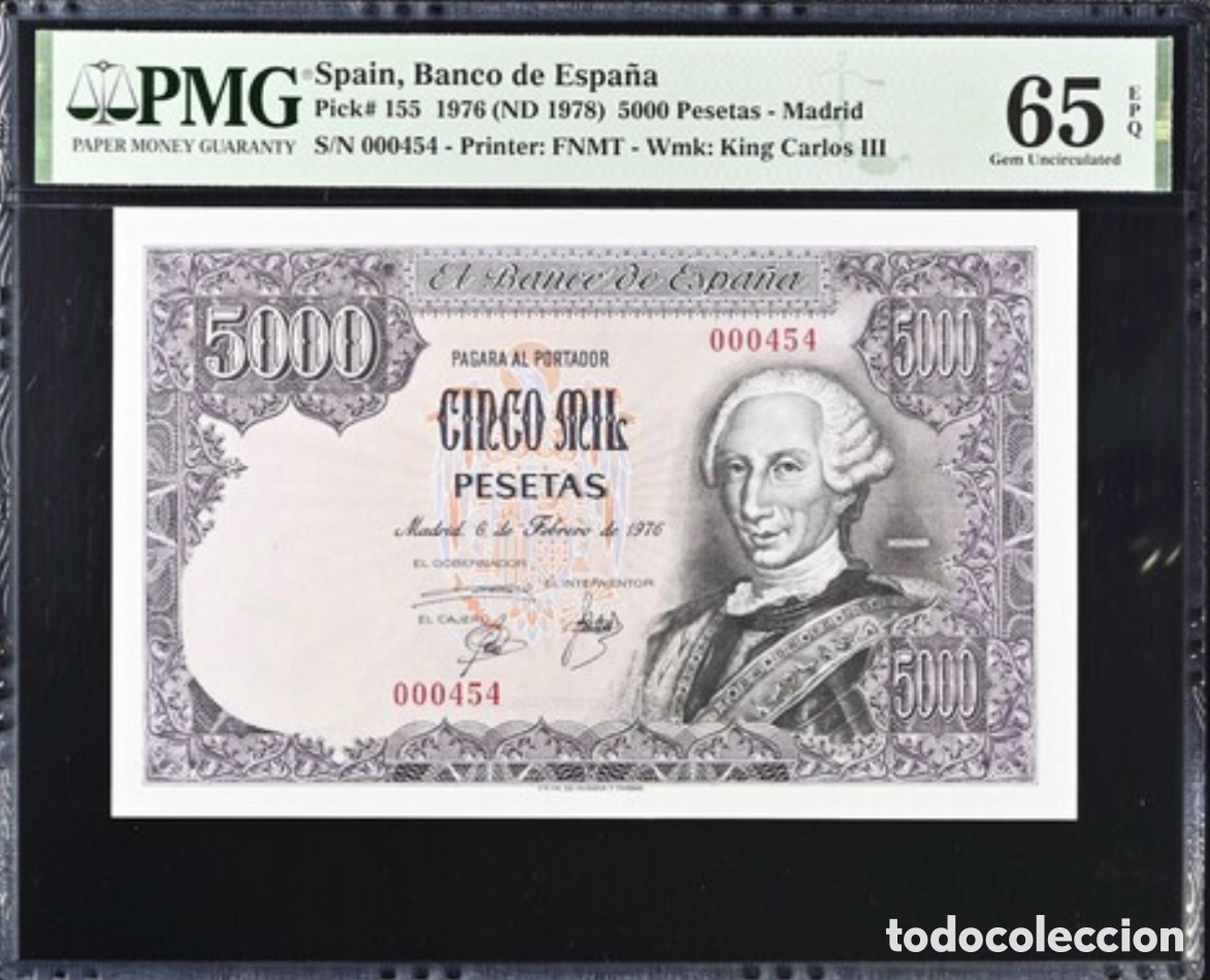 Billetes espa&ntilde;oles: Billete 5000 Pesetas 1976 PMG 65 Sin Serie N&uacute;mero Bajo