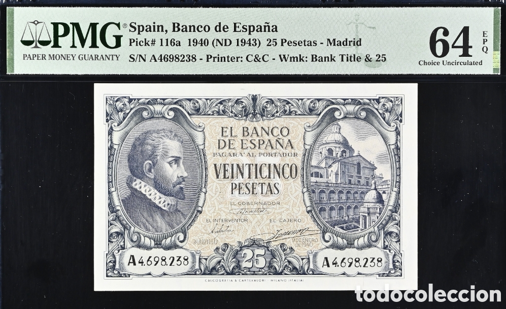 Billetes espa&ntilde;oles: Billete 25 PESETAS 1940 -JUAN HERRERA- PMG 64 EPQ, serie A