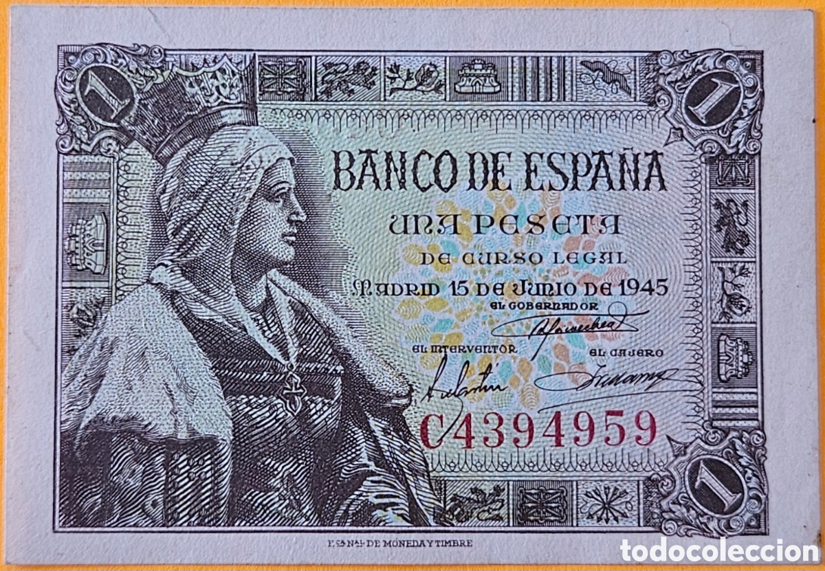 Billetes espa&ntilde;oles: ESPA&Ntilde;A, UNA PESETA, 1945. NUEVO.