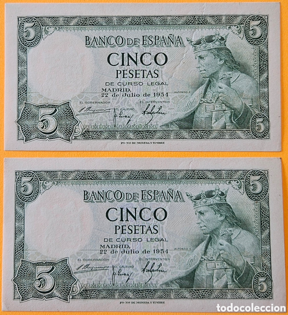 Billetes espa&ntilde;oles: ESPA&Ntilde;A, PAREJA CORRELATIVA, 5 PESETAS, 1954. NUEVOS.