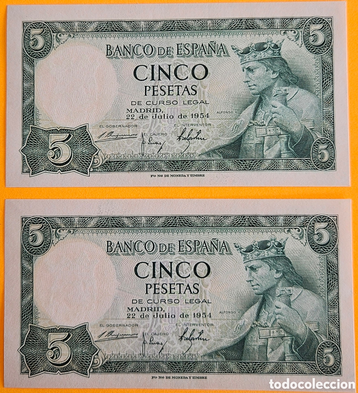 Billetes espa&ntilde;oles: ESPA&Ntilde;A, PAREJA CORRELATIVA, SIN SERIE, 5 PESTAS, 1954. NUEVOS.