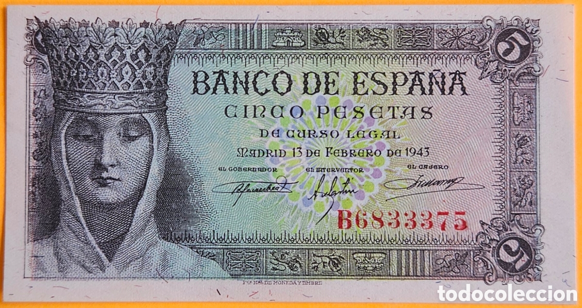 Billetes espa&ntilde;oles: ESPA&Ntilde;A, 5 PESETAS, 1943. NUEVO.