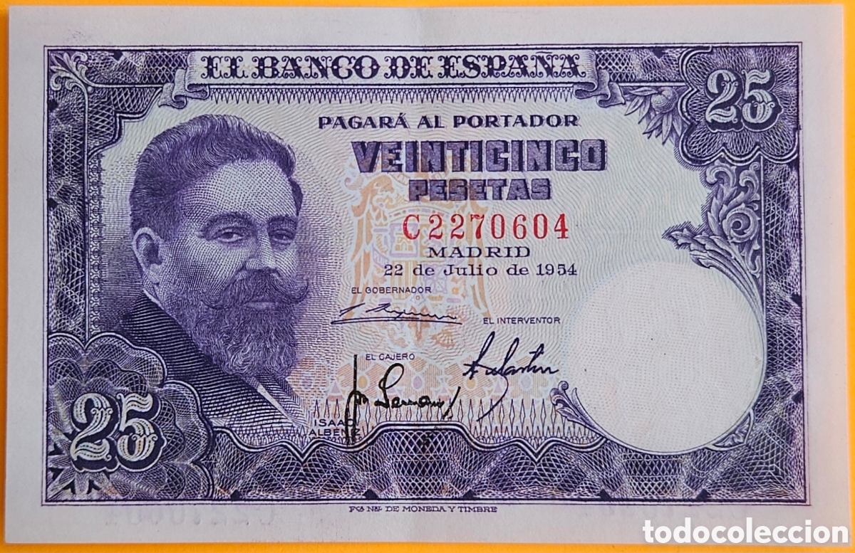 Notas espanholas: ESPA&Ntilde;A, 25 PESETAS, 1954. NUEVO.