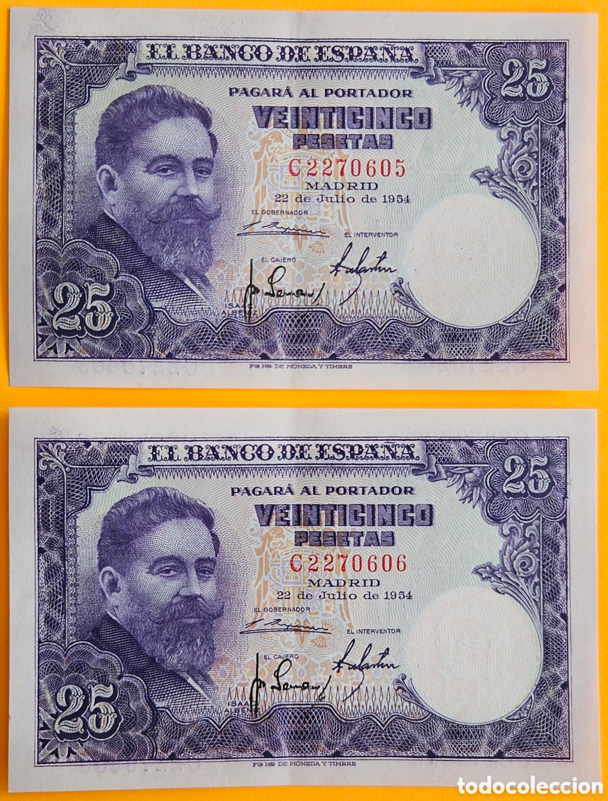 Notas espanholas: ESPA&Ntilde;A, PAREJA CORRELATIVA, 25 PESETAS, 1954. NUEVOS.