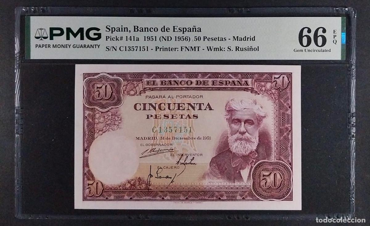 Billetes espa&ntilde;oles: 50 PESETAS 1951 RUSI&Ntilde;OL SERIE C &Uacute;LTIMA SERIE EMITIDA PMG 66 EPQ SC