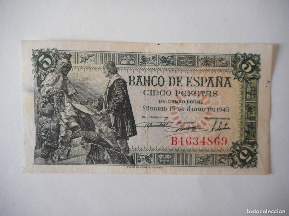 Billetes espa&ntilde;oles: 5 PESETAS JUNIO 1945 / EBC - Foto 1