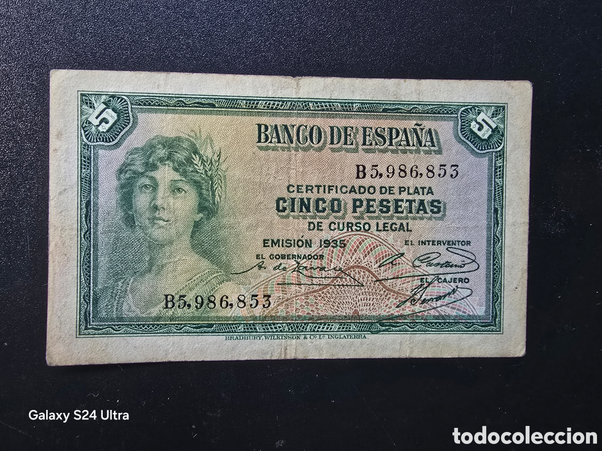 Billetes espa&ntilde;oles: 5 PESETAS DE 1935..... SERIE B.....BONITO......ES EL DE LAS FOTOS