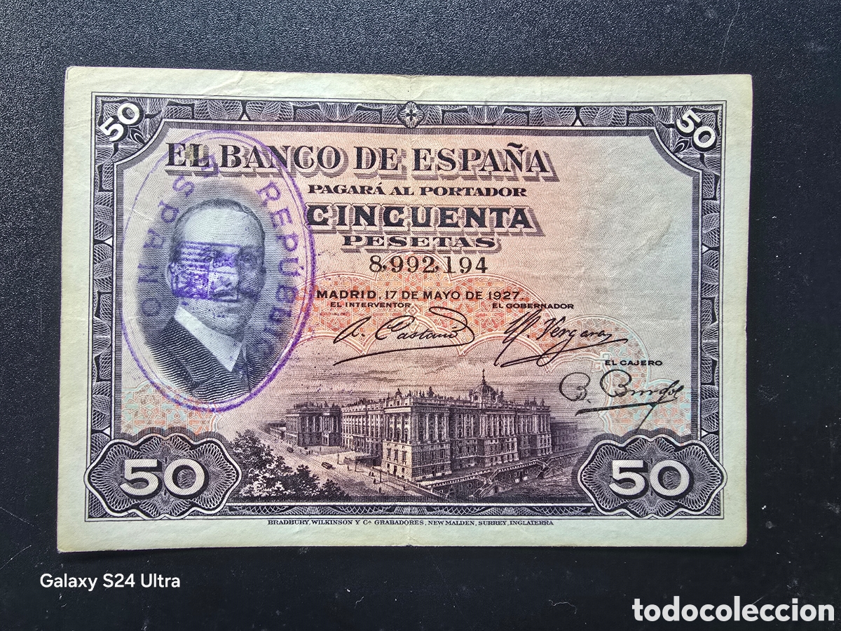 Billetes espa&ntilde;oles: 50 PESETAS DE 1927..... SIN SERIE .....MUY BONITO Y ESCASO.....ES EL DE LAS FOTOS