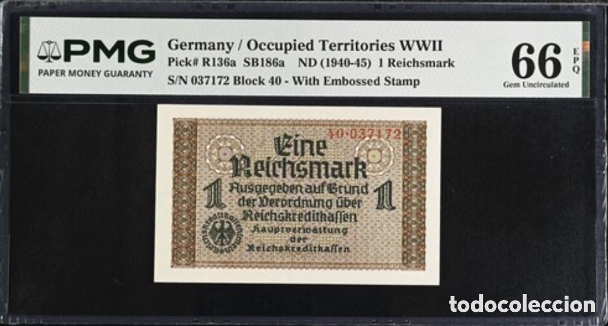 Billetes espa&ntilde;oles: Billete Alemania 1 Reichsmark WWII 1940-45 PMG 66
