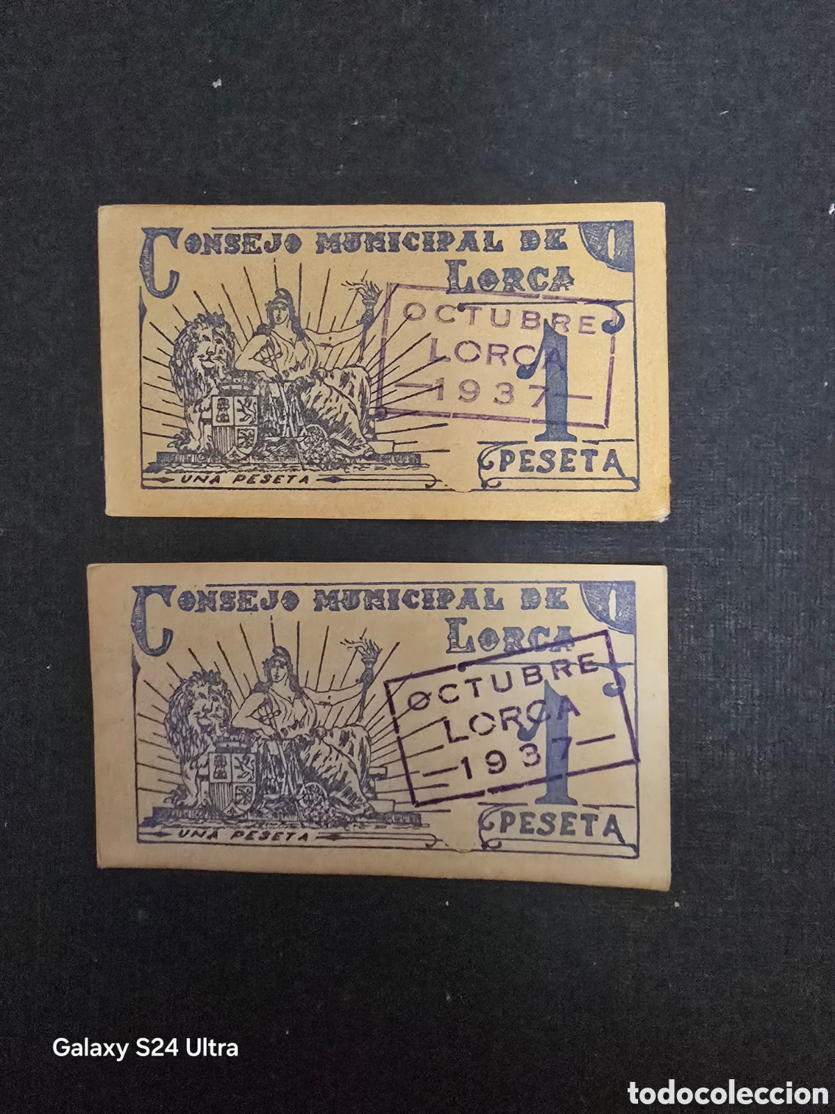 Billetes espa&ntilde;oles: LOTE DE 2 BILLETES DE 1 PESETA DE 1937.....CONSEJO MUNICIPAL DE LORCA...PRECIOSO.... EL DE LAS FOTOS