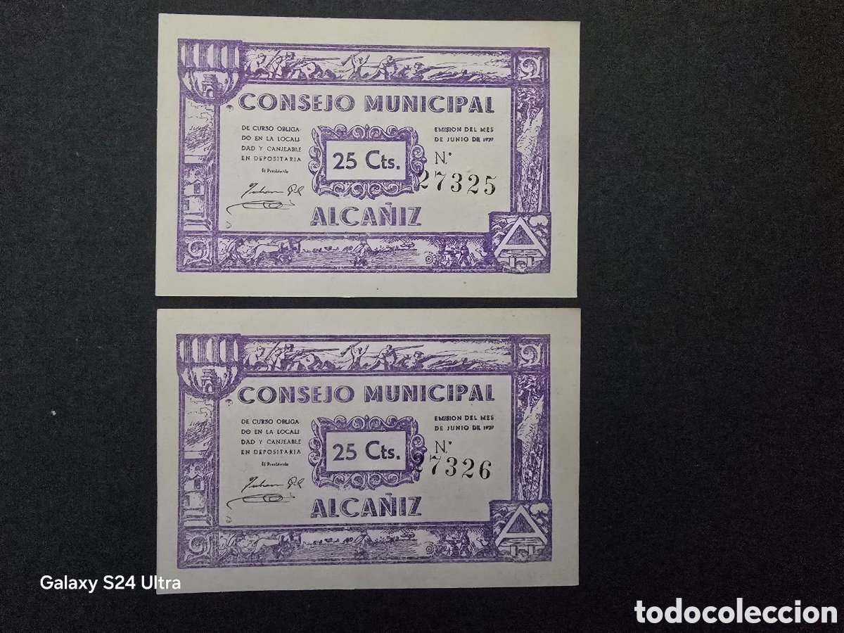 Billetes espa&ntilde;oles: PAREJA CORRELATIVA DE 25 C&Eacute;NTIMOS .....CONSEJO MUNICIPAL DE ALCA&Ntilde;IZ....PRECIOSO..... EL DE LAS FOTOS