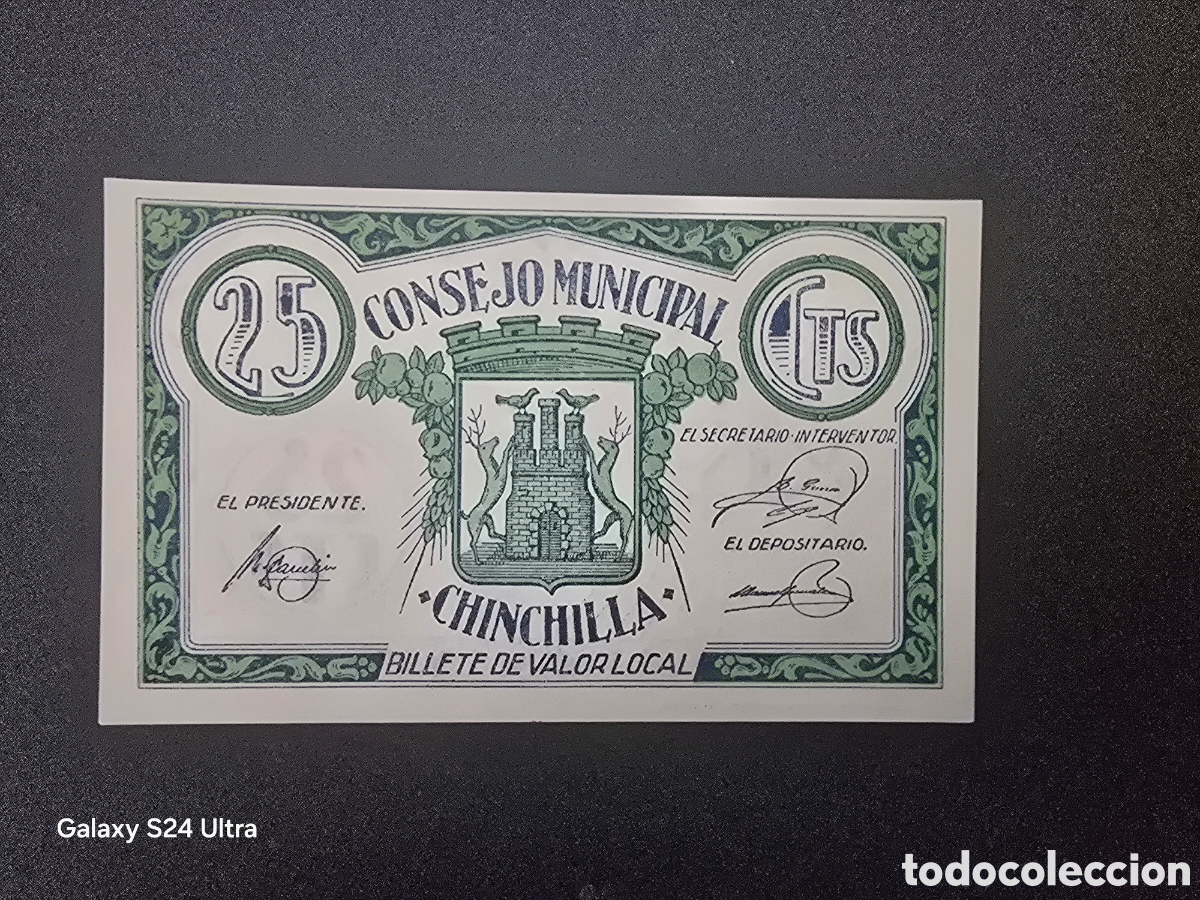 Billetes espa&ntilde;oles: 25 C&Eacute;NTIMOS .....CONSEJO MUNICIPAL DE CHINCHILLA.....SIN CIRCULAR..... EL DE LAS FOTOS