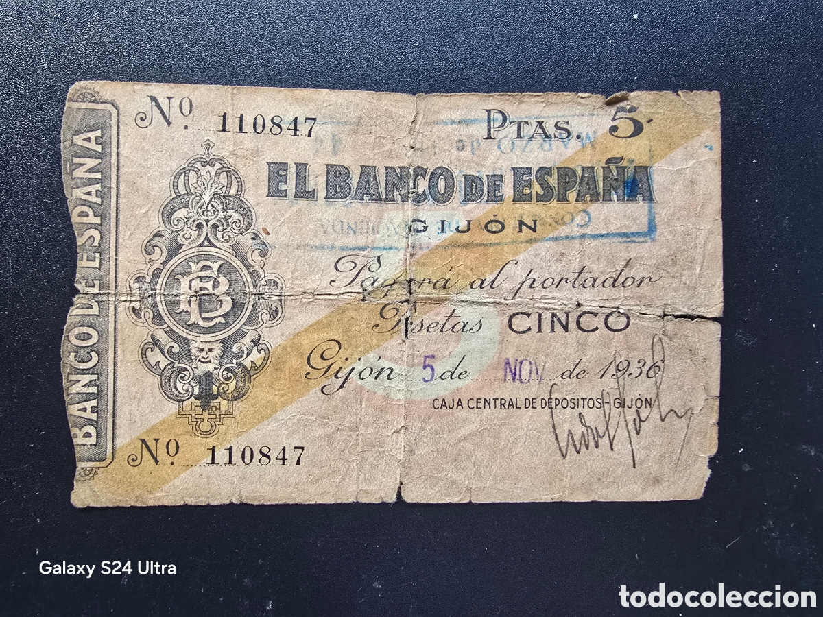 Billetes espa&ntilde;oles: 5 PESETAS DE 1936.....BANCO DE ESPA&Ntilde;A EN GIJON.....MUY ESCASO....ES EL DE LAS FOTOS