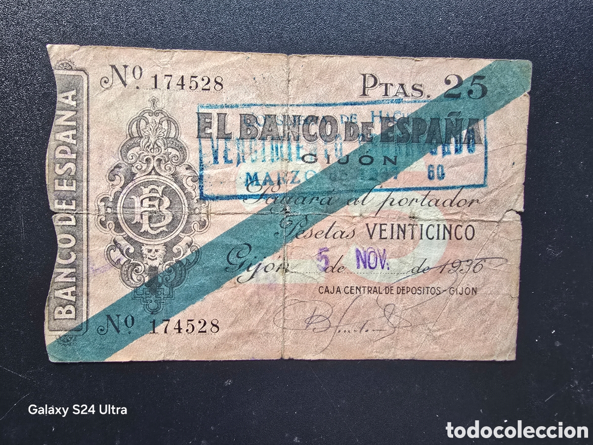 Billetes espa&ntilde;oles: 25 PESETAS DE 1936.....BANCO DE ESPA&Ntilde;A EN GIJON.....MUY ESCASO Y BONITO....ES EL DE LAS FOTOS
