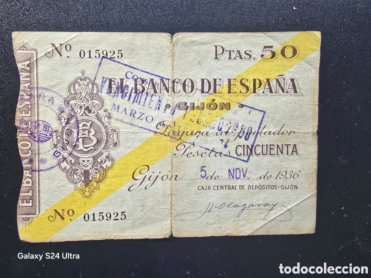 Billetes espa&ntilde;oles: 50 PESETAS DE 1936.....BANCO DE ESPA&Ntilde;A EN GIJON.....MUY ESCASO Y BONITO....ES EL DE LAS FOTOS