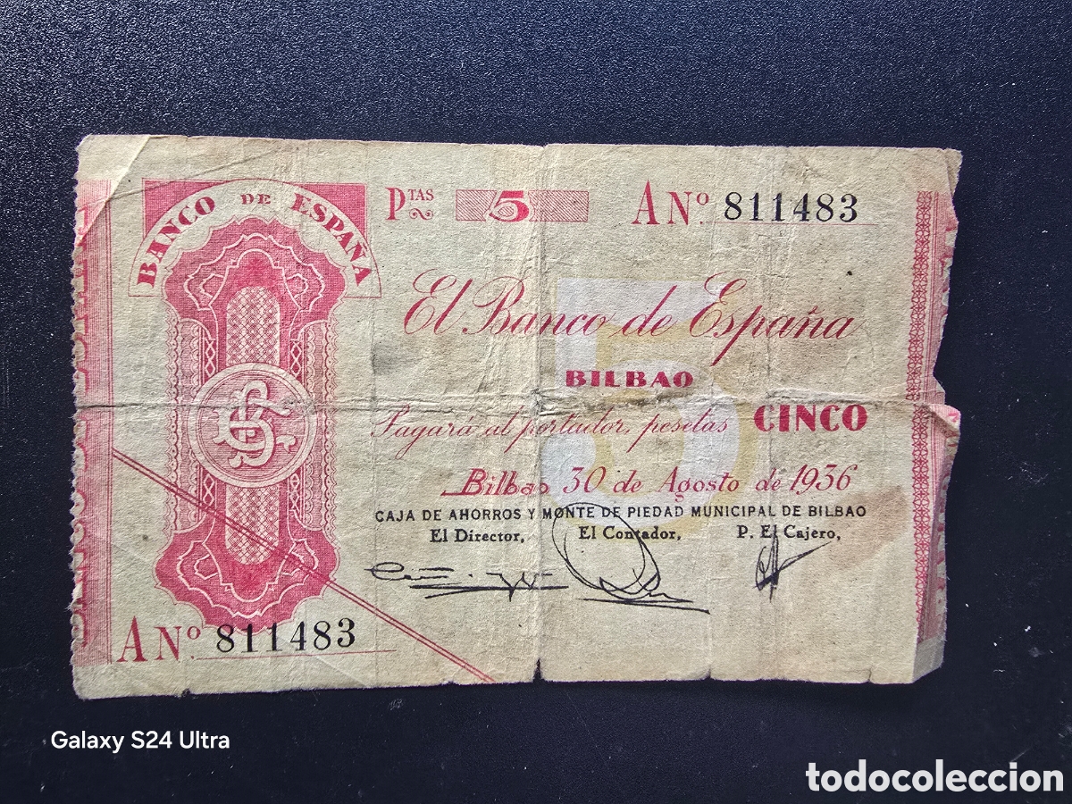 Billetes espa&ntilde;oles: 5 PESETAS DE 1936.....BANCO DE ESPA&Ntilde;A EN BILBAO.....MUY ESCASO Y BONITO....ES EL DE LAS FOTOS