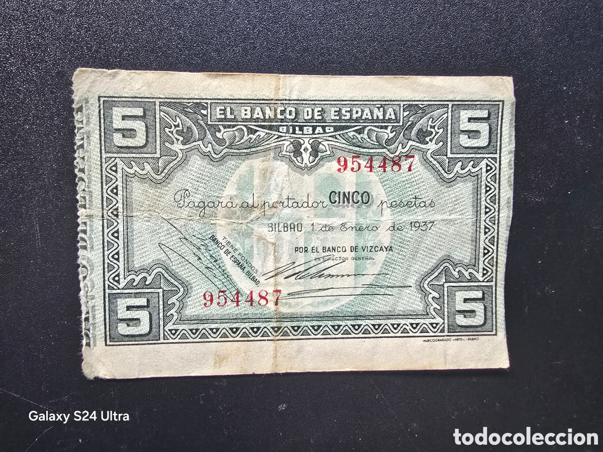 Billetes espa&ntilde;oles: 5 PESETAS DE 1937.....BANCO DE ESPA&Ntilde;A EN BILBAO.....MUY BONITO....ES EL DE LAS FOTOS