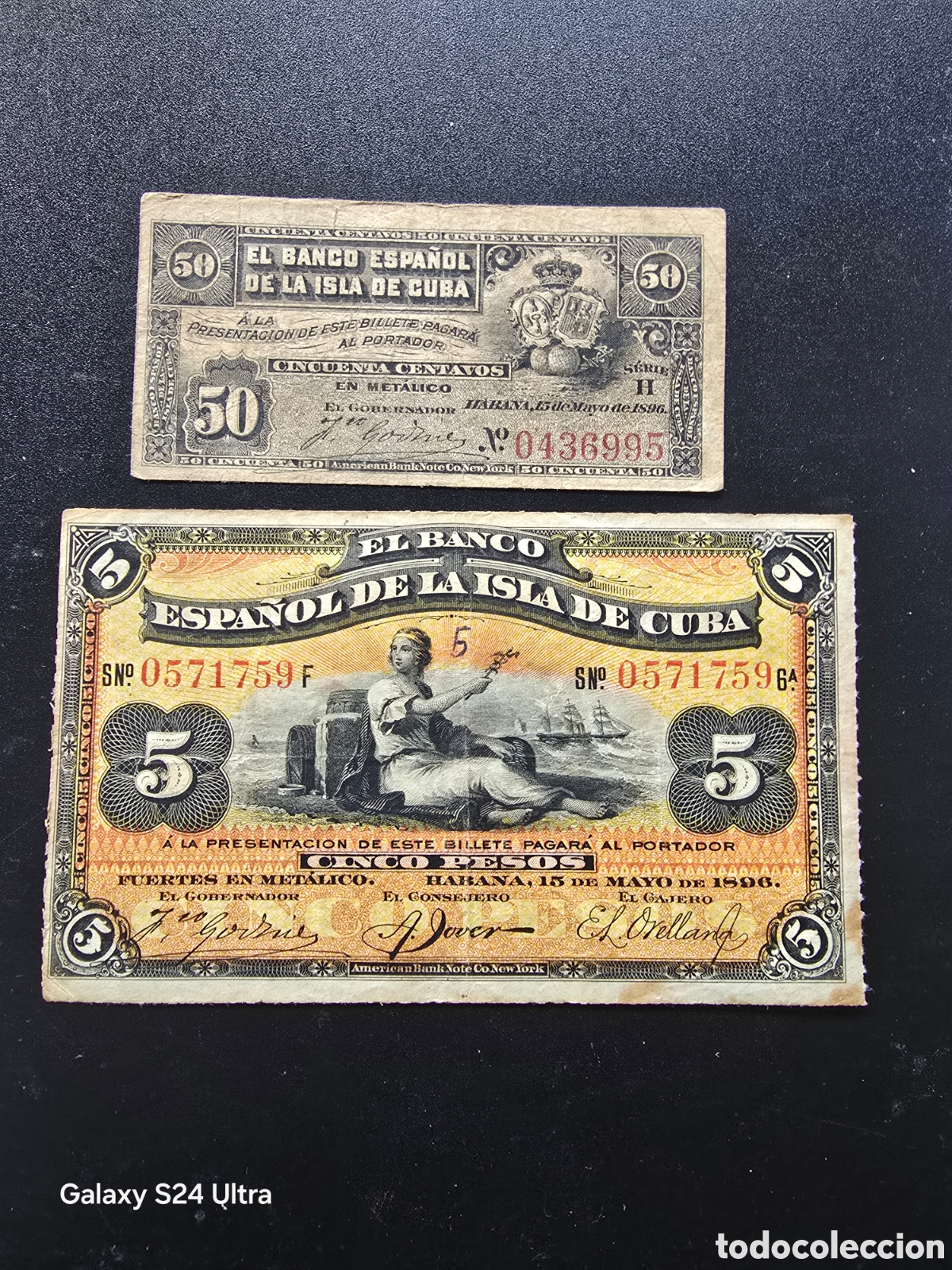Banconote spagnole: LOTE DE 2 BILLETES DE 1896.....BANCO DE ESPA&Ntilde;A EN CUBA.....MUY BONITOS....ES EL DE LAS FOTOS