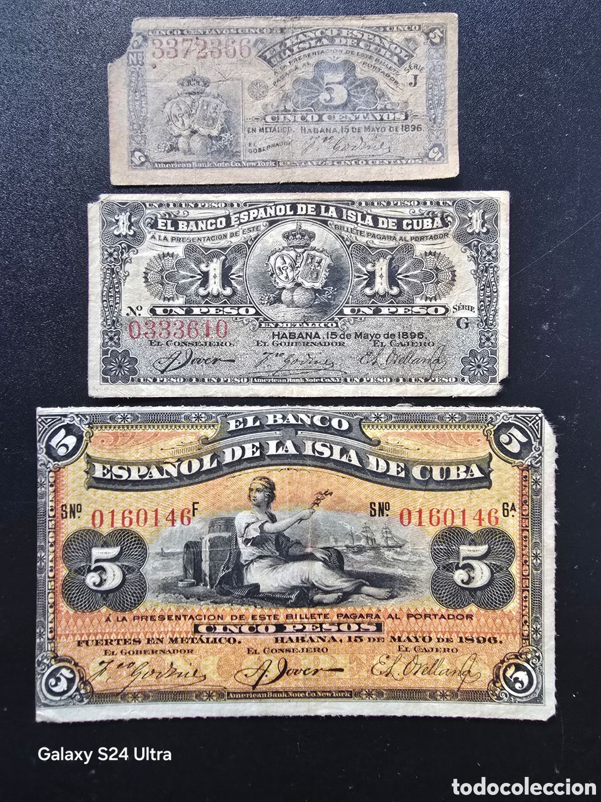 Banconote spagnole: LOTE DE 3 BILLETES DE 1896.....BANCO DE ESPA&Ntilde;A EN CUBA...DISTINTAS CONSEVACION....ES EL DE LAS FOTOS
