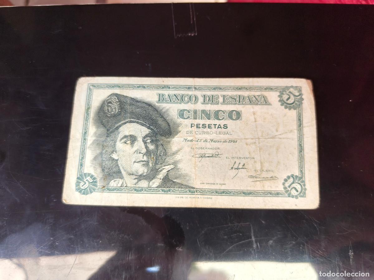 Billetes espa&ntilde;oles: Espa&ntilde;a BILLETE ESPA&Ntilde;A 1948 5 PTAS SERIE D Calidad MBC