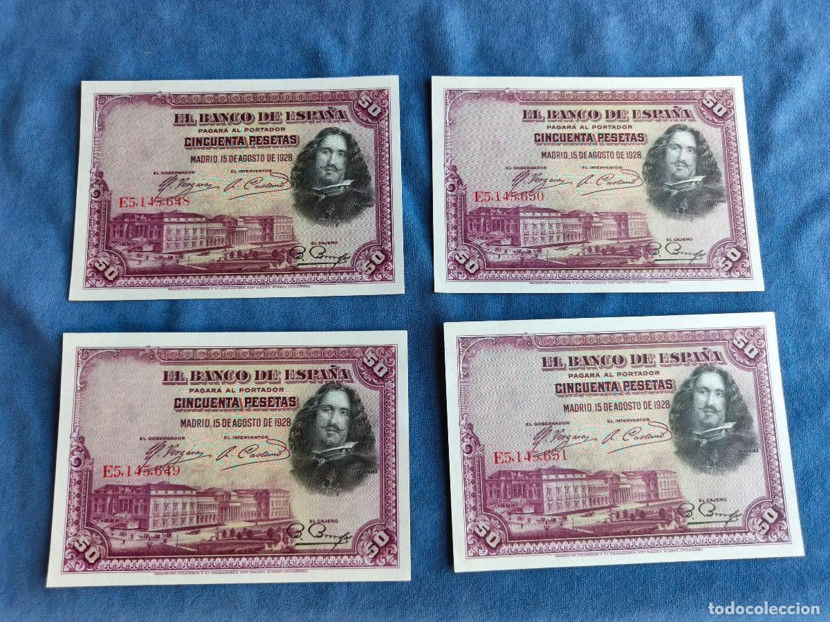 Billetes espa&ntilde;oles: Espa&ntilde;a LOTE 4 BILLETES CORRELATIVOS 50 PTAS a&ntilde;o 1928 VELAZQUEZ serie E5 calidad sin circular
