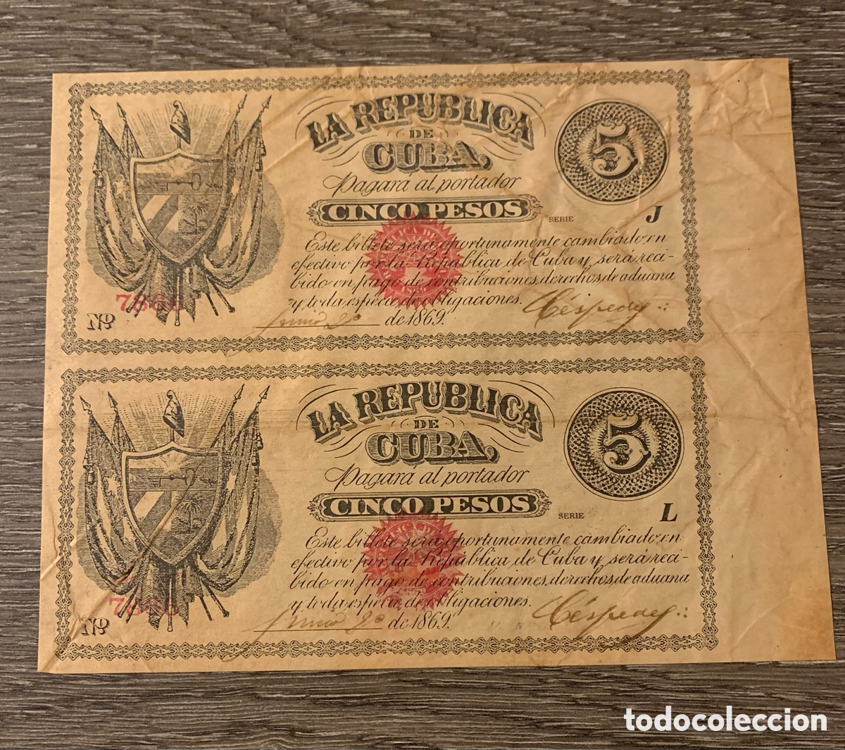 Billetes espa&ntilde;oles: 2 billetes 5 pesos 1869. Espa&ntilde;a colonial