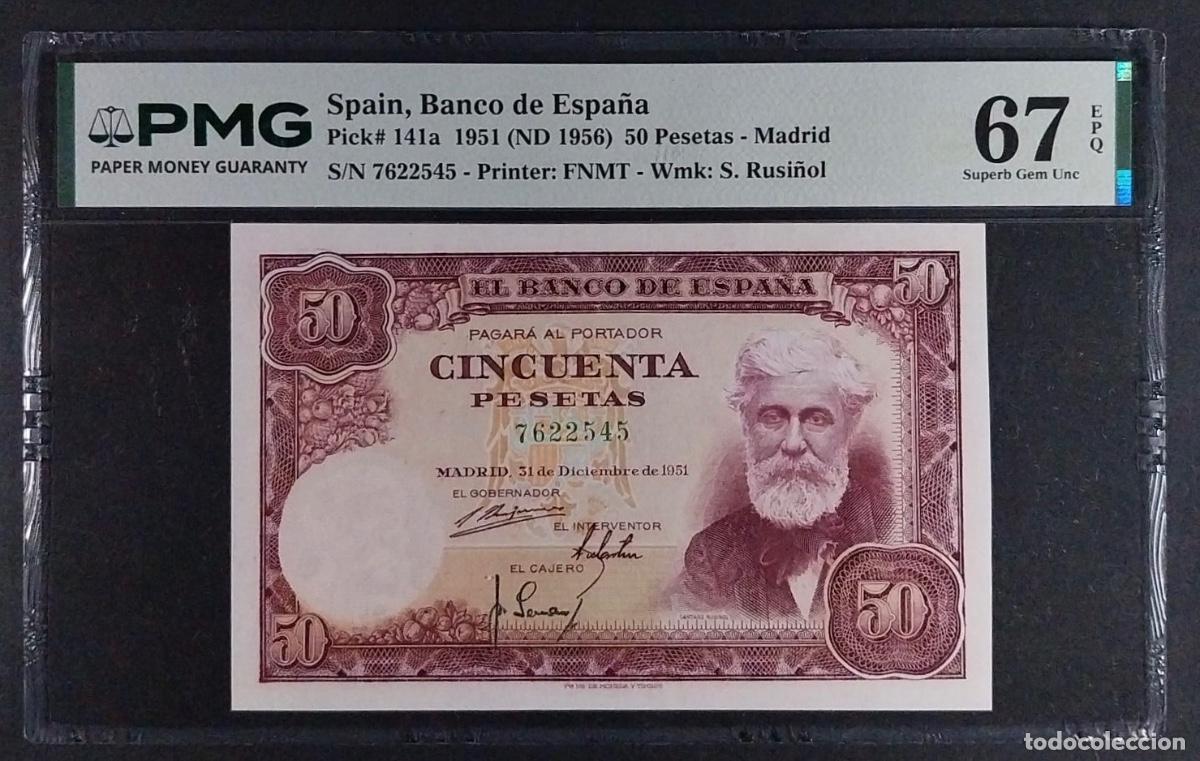 Billetes espa&ntilde;oles: 50 PESETAS 1951 RUSI&Ntilde;OL SIN SERIE PMG 67 EPQ SC
