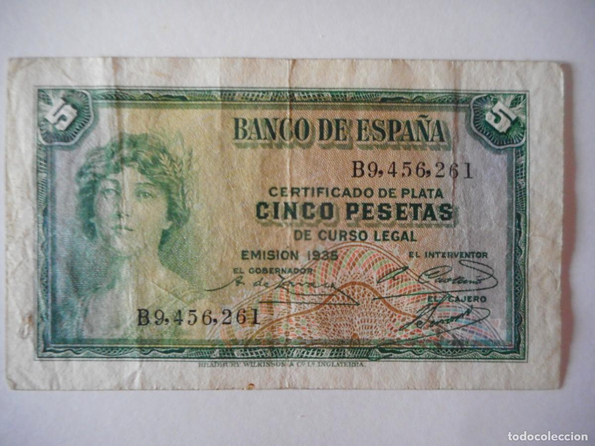 Billetes espa&ntilde;oles: 5 PESETAS 1935 REP&Uacute;BLICA / MBC
