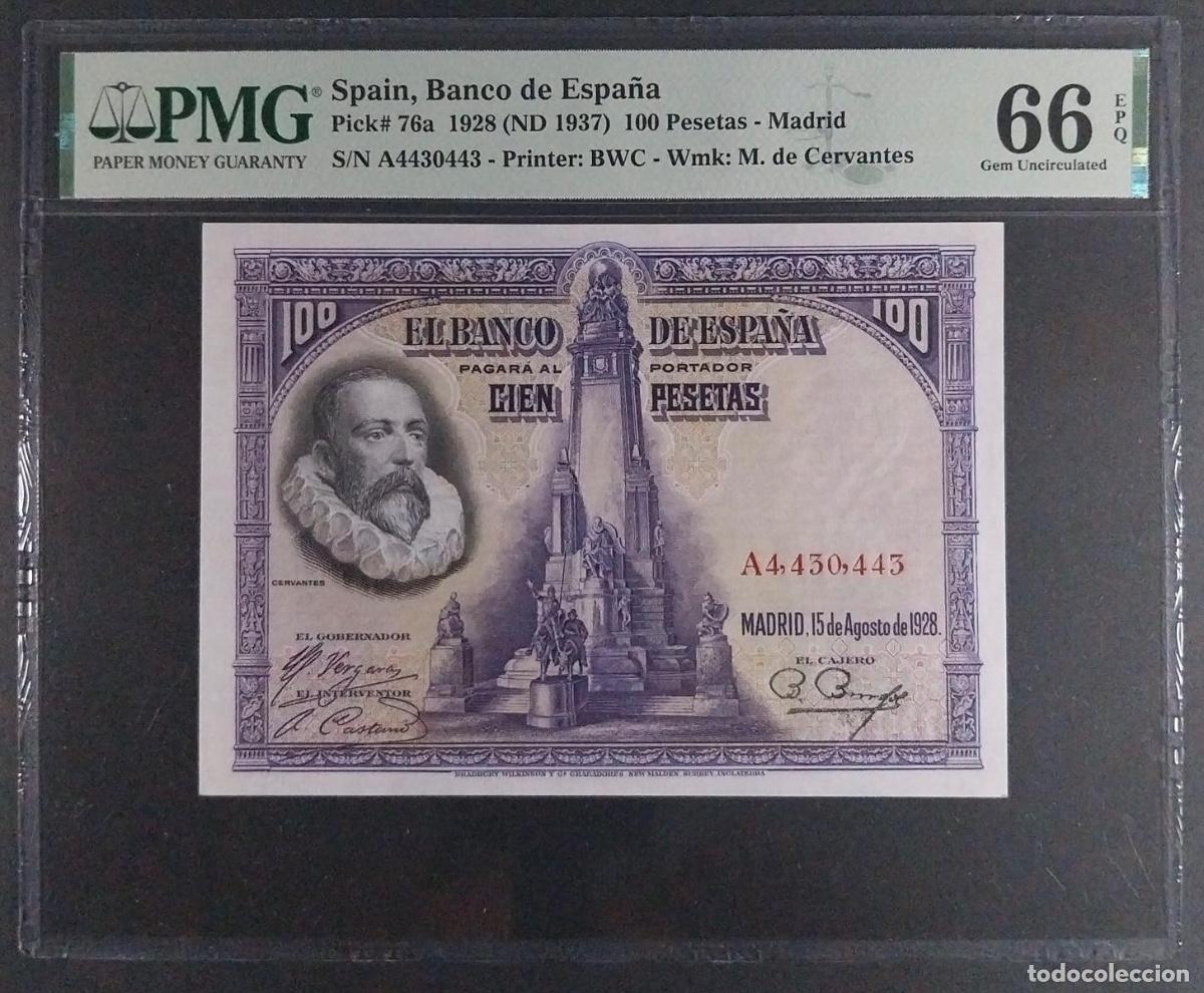 Billetes espa&ntilde;oles: 100 PESETAS 1928 SERIE A CERVANTES PMG 66 EPQ SC