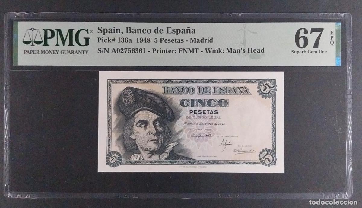 Billetes espa&ntilde;oles: 5 PESETAS 1948 (ELCANO) SERIE A PMG 67 EPQ SC
