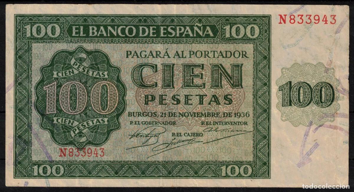 Billetes espa&ntilde;oles: BILLETE ESPA&Ntilde;A 100 PESETAS A&Ntilde;O 1936 BURGOS - SERIE N - MBC