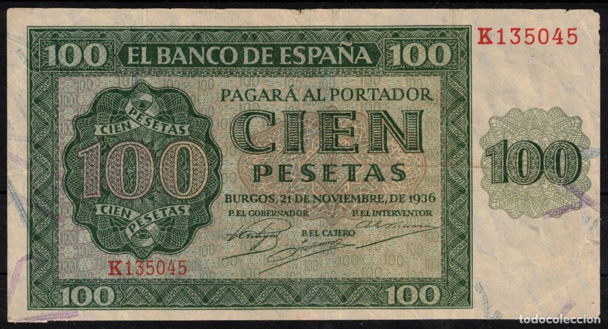 Billetes espa&ntilde;oles: BILLETE ESPA&Ntilde;A 100 PESETAS A&Ntilde;O 1936 BURGOS - SERIE K - MBC-