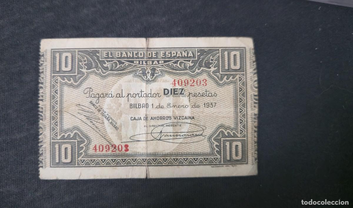 Notas espanholas: Escaso billete Euskadi 10 Pesetas 1937 BANCO DE BILBAO con error