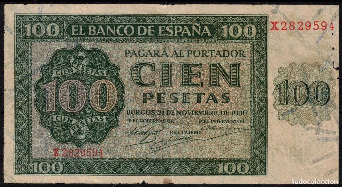 Billetes espa&ntilde;oles: BILLETE ESPA&Ntilde;A 100 PESETAS A&Ntilde;O 1936 BURGOS - SERIE X - BC+