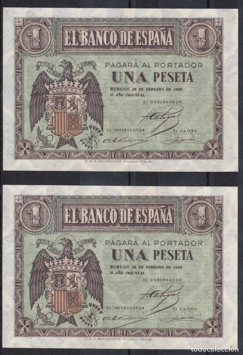 Banconote spagnole: PAREJA CORRELATIVA BILLETES ESPA&Ntilde;A 1 PESETA BURGOS 28 FEBRERO 1938 SERIE C - SC