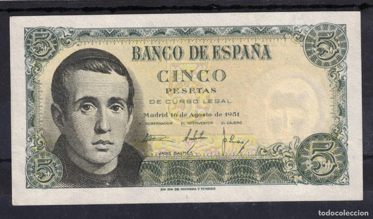 Billetes espa&ntilde;oles: BILLETE ESPA&Ntilde;A 5 PESETAS JAIME BALMES 1951 - SERIE H - SC