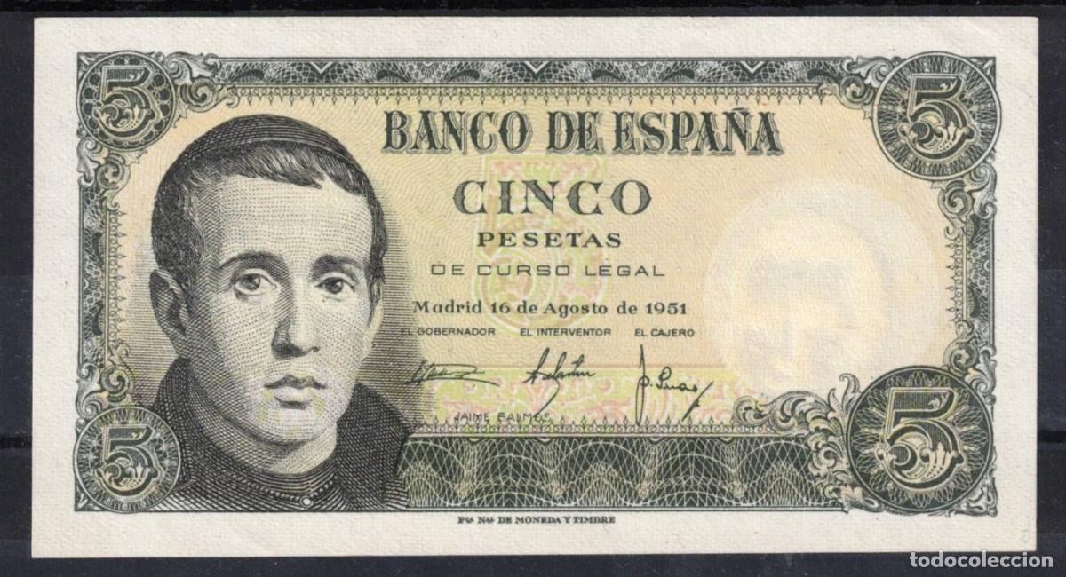Billetes espa&ntilde;oles: BILLETE ESPA&Ntilde;A 5 PESETAS JAIME BALMES 1951 - SERIE 1F - SC-
