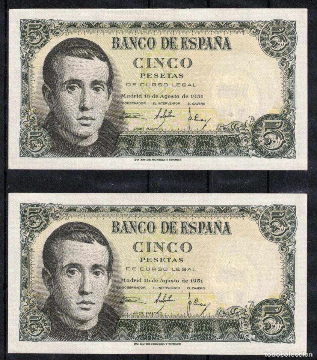 Billetes espa&ntilde;oles: PAREJA CORRELATIVA BILLETES ESPA&Ntilde;A 5 PESETAS JAIME BALMES 1951 - SERIE 1H - SC