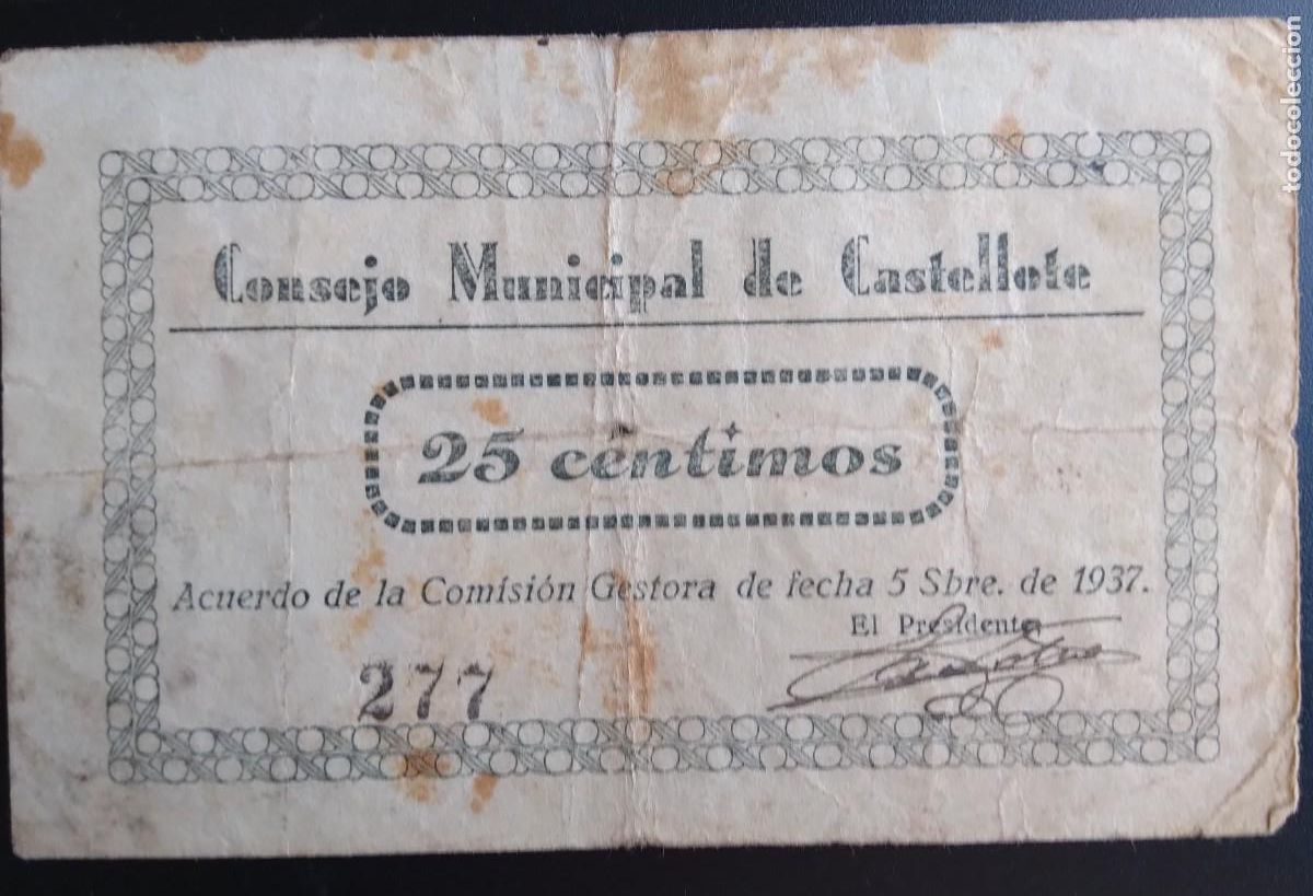 Billetes espa&ntilde;oles: CASTELLOTE *1937*25 CTS N&deg; 277