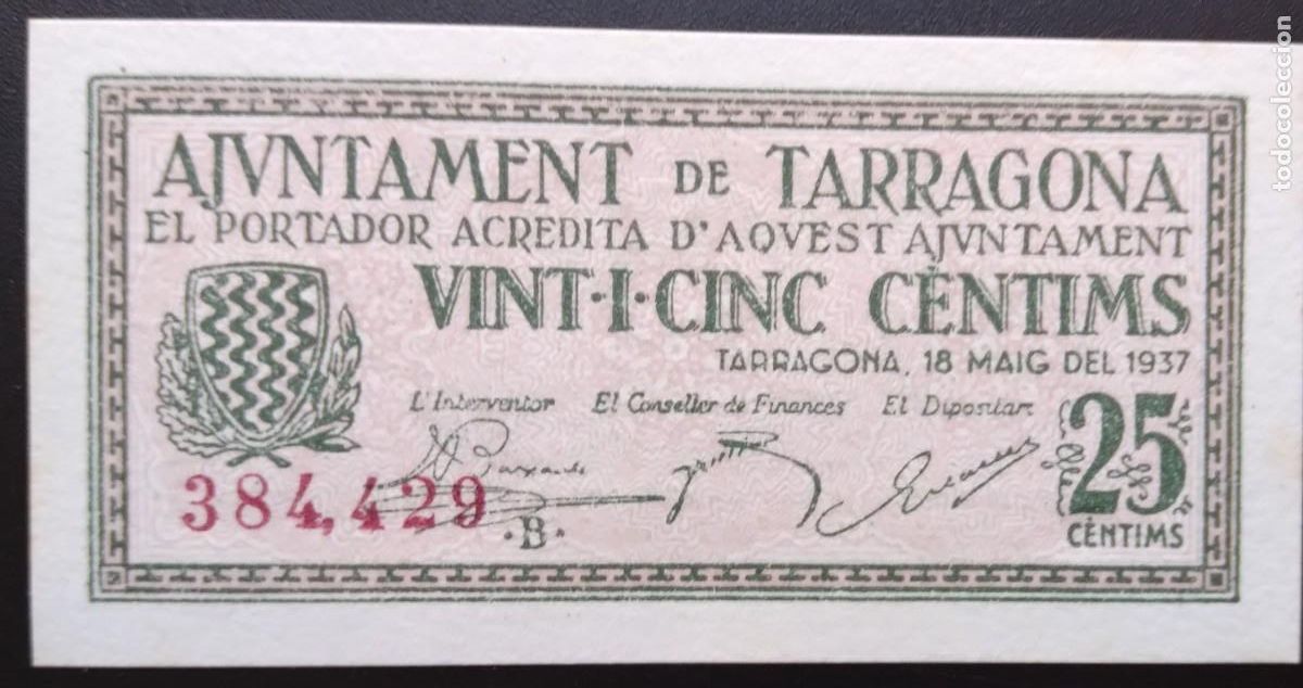 Billetes espa&ntilde;oles: TARRAGONA *1937* 25 CENTIMS