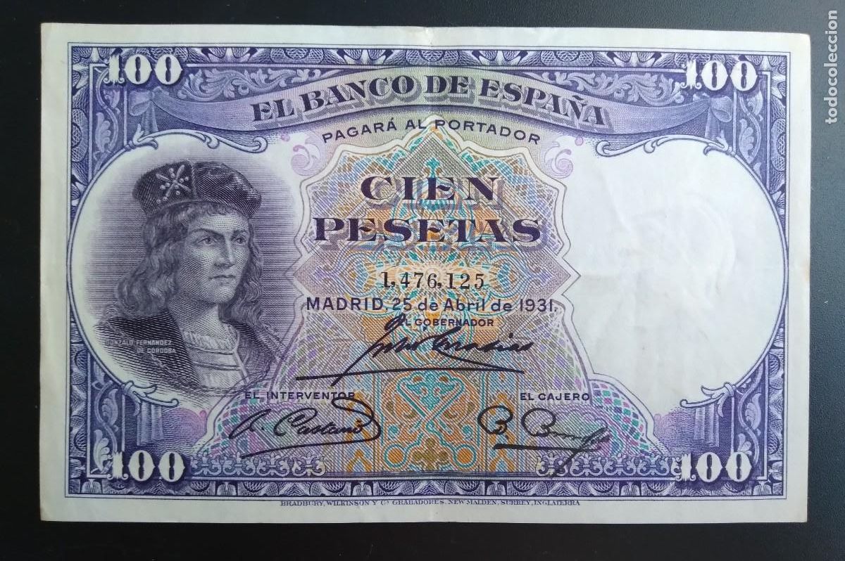 Billetes espa&ntilde;oles: 1931* 100 Pts.S/S N&deg; 1.476.125 MBC.GONZALO FERNANDEZ DE CORDOBA
